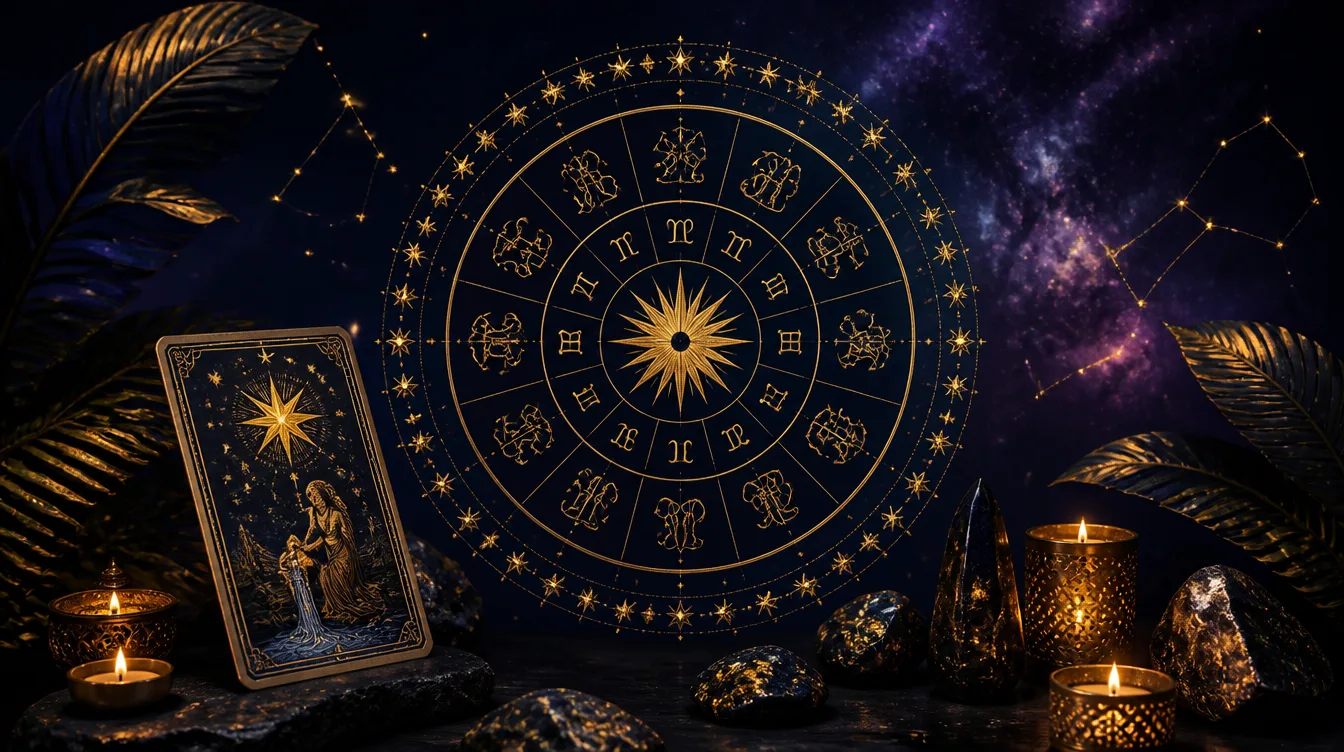 Roue du zodiaque, ciel étoilé et cartes de tarot